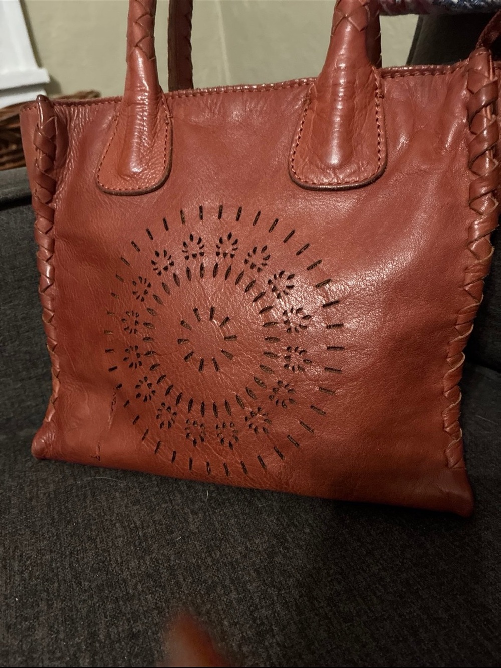 Women's Brown Leather Tote with Laser-Cut Medallion Small Purse - Picture 2 of 6